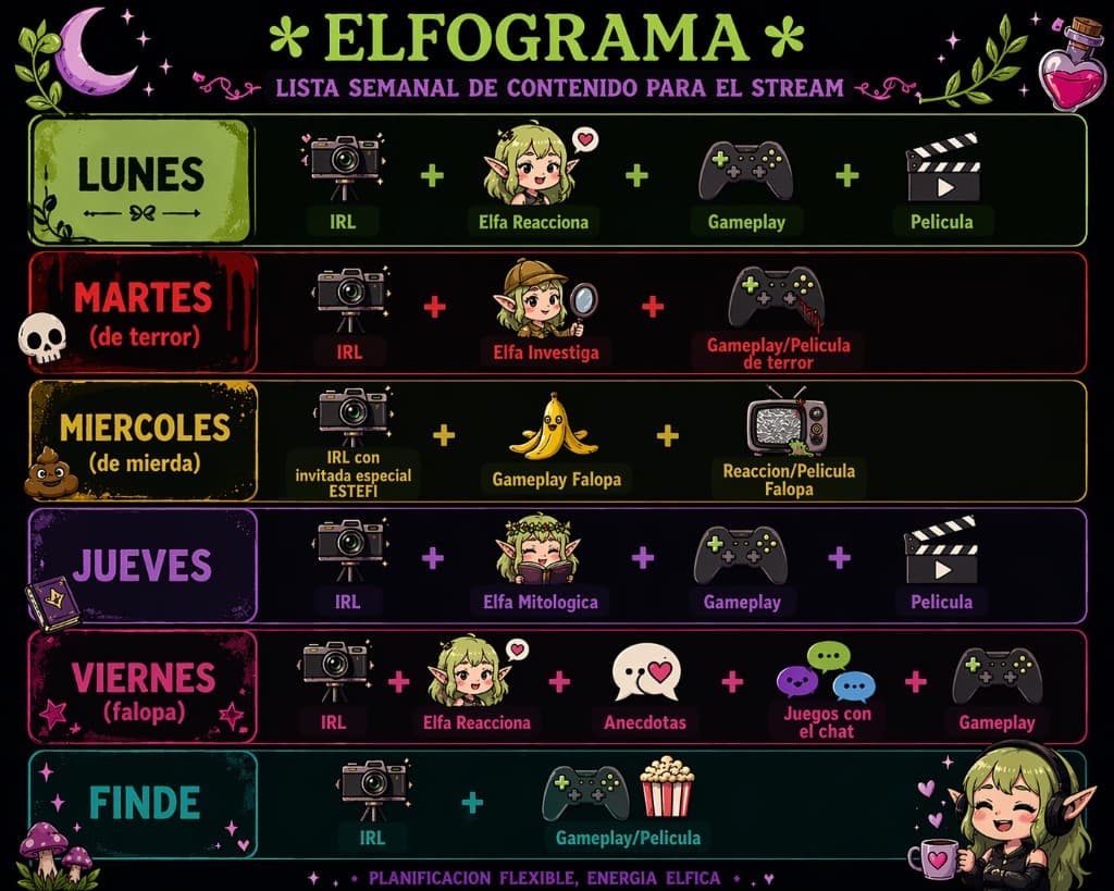 Elfograma semanal de La Elfa con la programación de lunes a finde: IRL, reacciones, gameplay, películas y noches temáticas